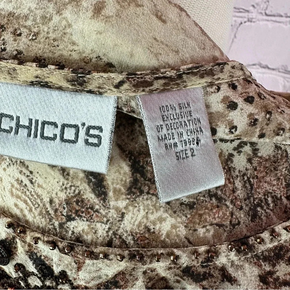Chico's silk peasant blouse 3/4 sleeve embellished neckline sz 2 (large 12) - Picture 4 of 8